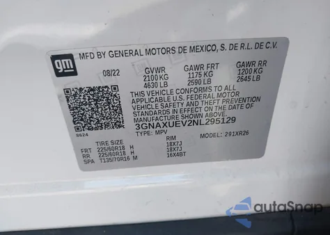 2022 Chevrolet Equinox Awd Lt z USA, uszkodzony, nr VIN 3GNAXUEV2NL295129